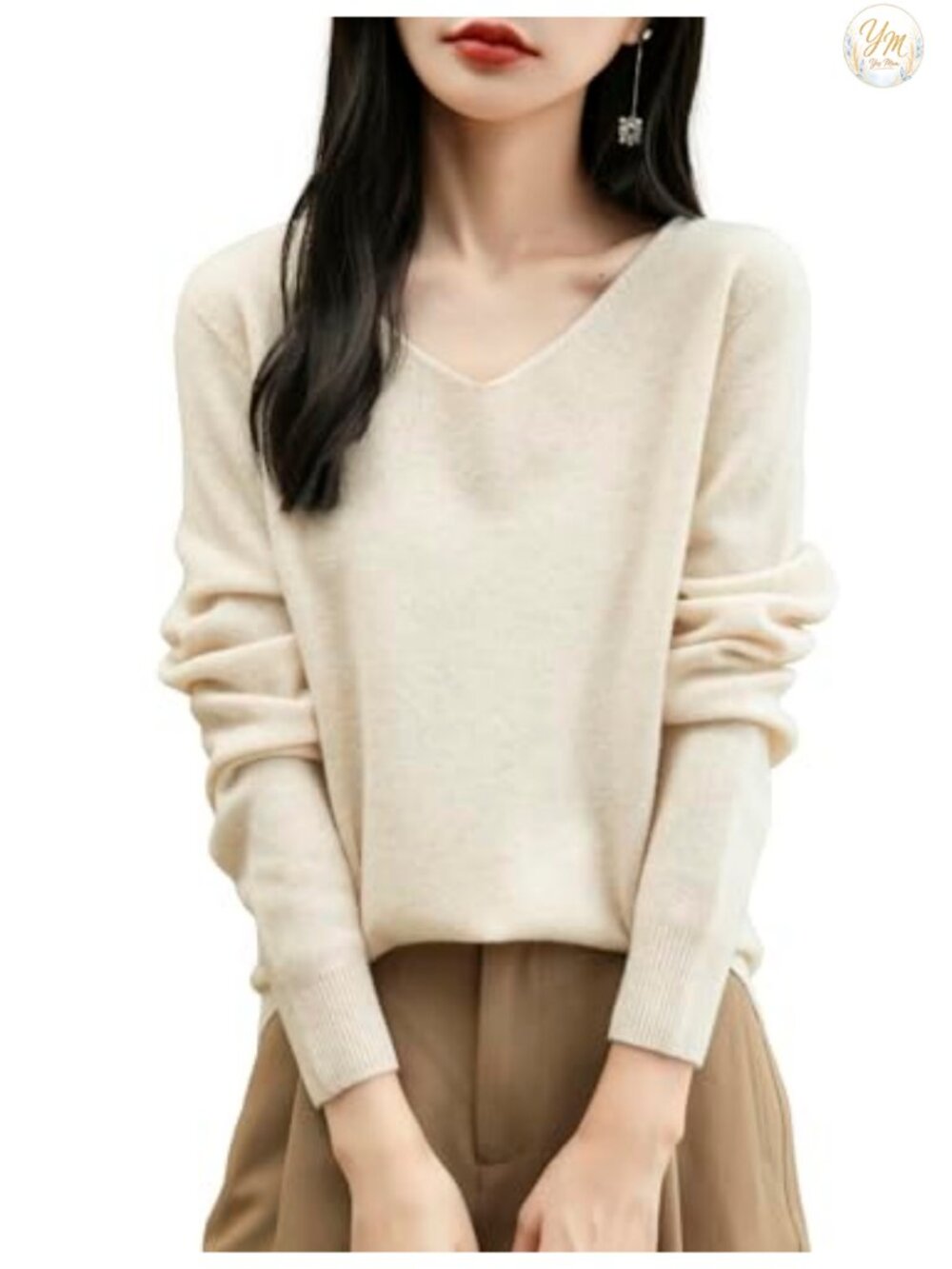 100% Merino Wool V-Neck Sweater Seamless Knit Long Sleeve Pullover